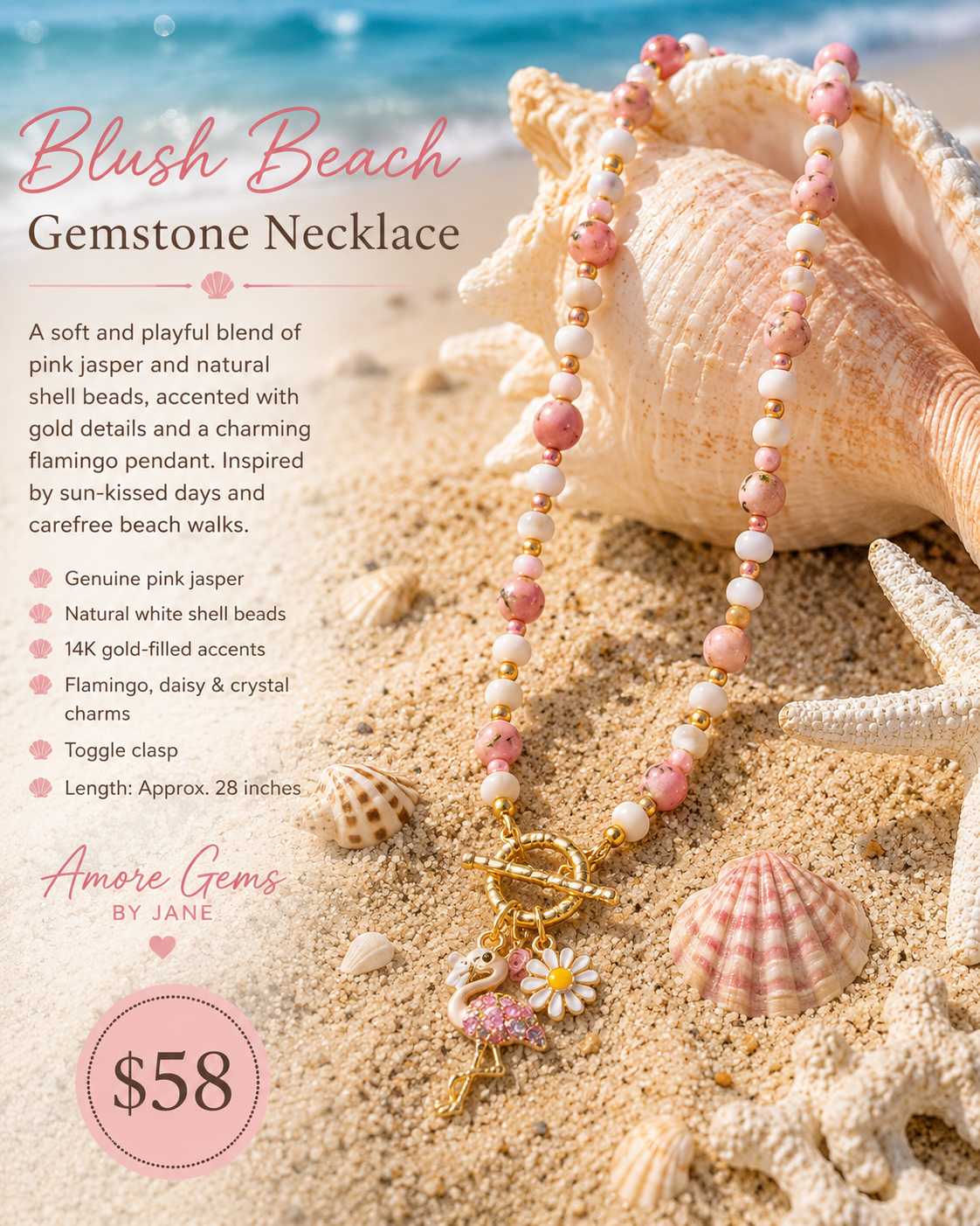 A pink and white gemstone beaded necklace with a flamingo pendant is displayed on a sandy beach styled with seashells and starfish. The image includes product text detailing the necklace's materials and features, along with a price badge for Amore Gems by Jane.