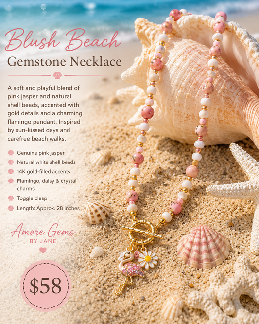 A pink and white gemstone beaded necklace with a flamingo pendant is displayed on a sandy beach styled with seashells and starfish. The image includes product text detailing the necklace's materials and features, along with a price badge for Amore Gems by Jane.